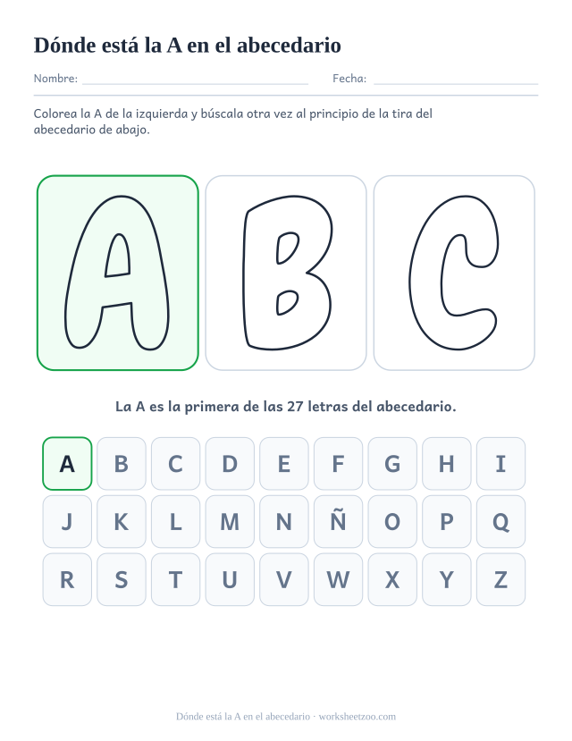Lámina del lugar de la letra A, la A burbuja entre sus vecinas sobre una tira del abecedario marcada
