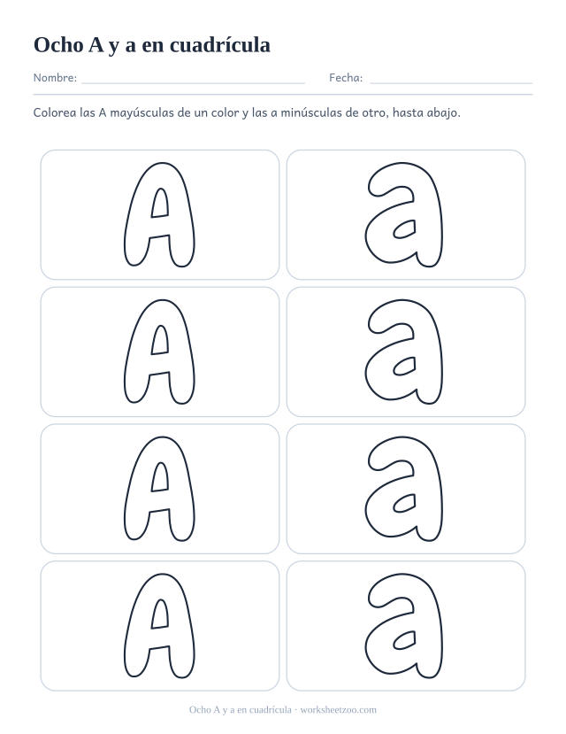 Cuadrícula imprimible de ocho letras burbuja que alternan la A mayúscula y la a minúscula