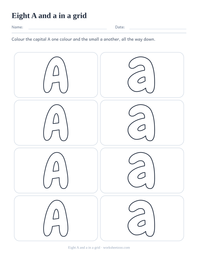 Printable grid of eight bubble letters alternating capital A and small a