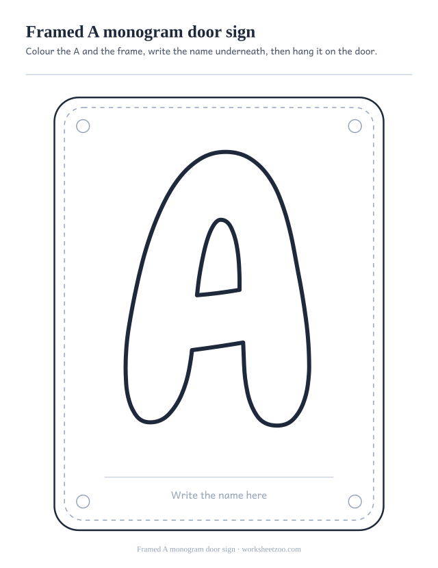 Printable A monogram sign, a framed bubble letter A above a name line