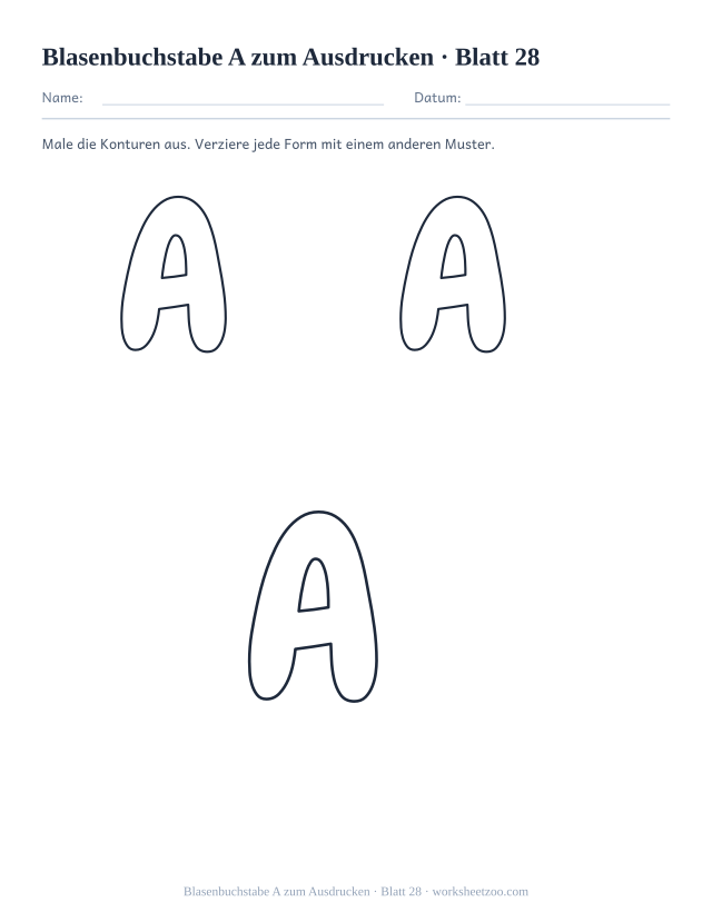Vorschau: Blasenbuchstabe A zum Ausdrucken, druckbares Arbeitsblatt 28