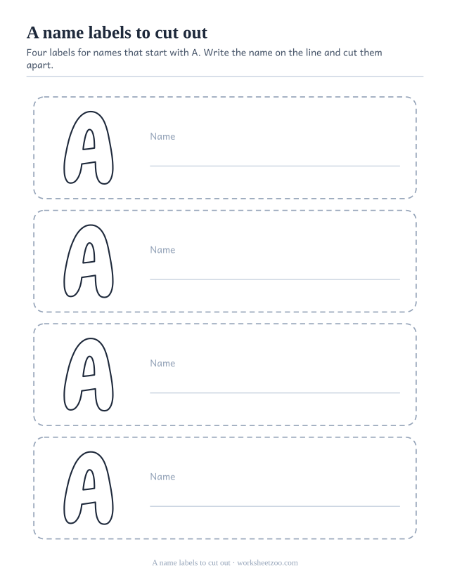 Printable name labels with the bubble letter A initial and a ruled writing line