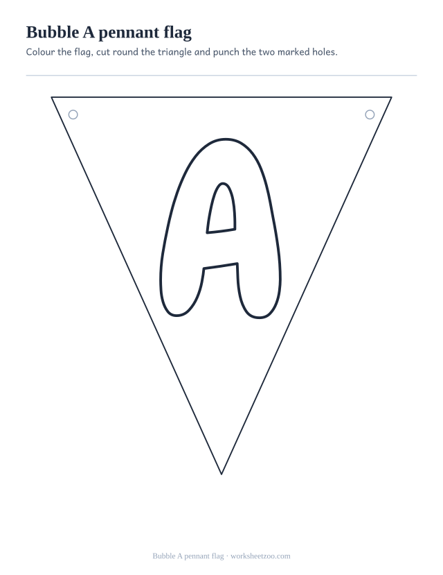 Printable bubble letter A pennant, one triangular banner flag with the A and punch holes