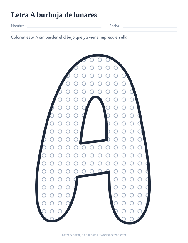Letra A burbuja de lunares para imprimir, un contorno grande relleno de círculos para colorear alrededor