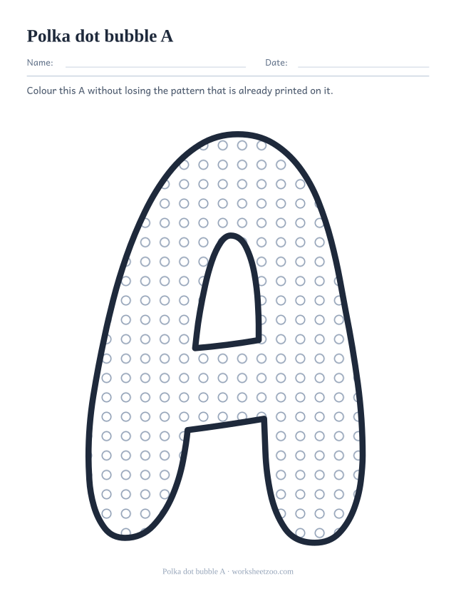 Printable polka dot bubble letter A, a big A outline filled with circles to colour around