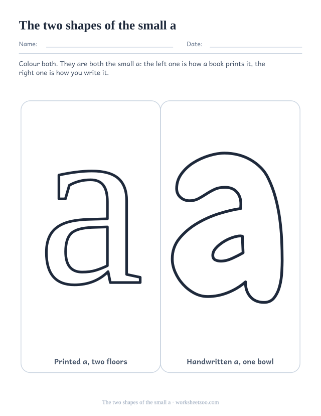 Printed and handwritten lowercase a worksheet, the two storey printed a beside the round handwritten a in bubble outline