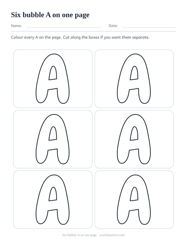 Printable sheet of six bubble letter A outlines in three rows of two