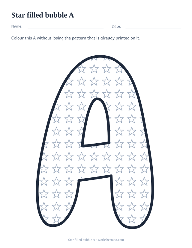 Printable star pattern bubble letter A, a A outline filled with small outlined stars