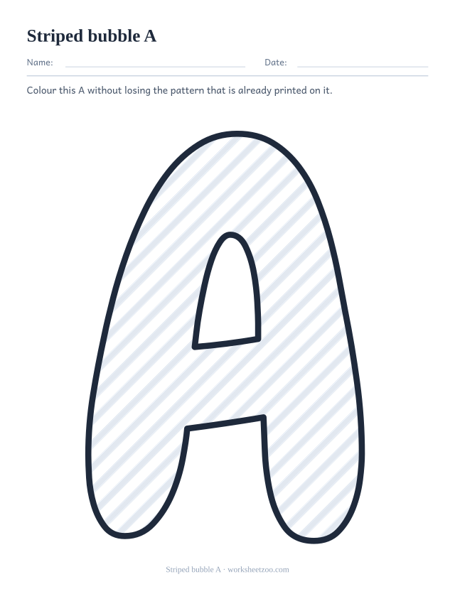 Printable striped bubble letter A, a large A outline crossed by diagonal bands