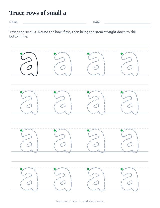 Lowercase bubble letter a tracing worksheet, four rows of dotted small a on handwriting guides