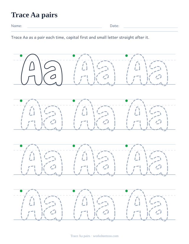 Bubble letter Aa pairs tracing worksheet, twelve dotted capital and small pairs on guides