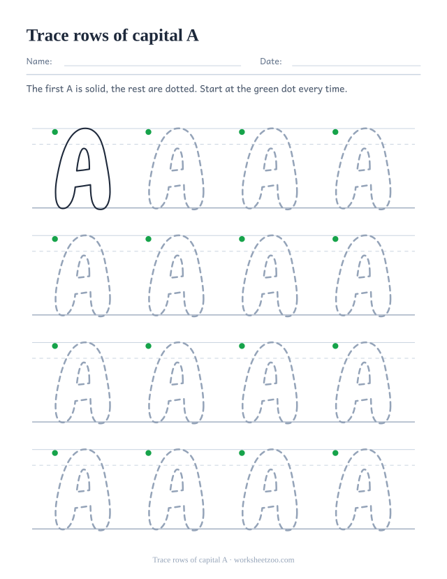 Bubble letter A tracing rows worksheet, sixteen dotted capital A on three-line handwriting guides