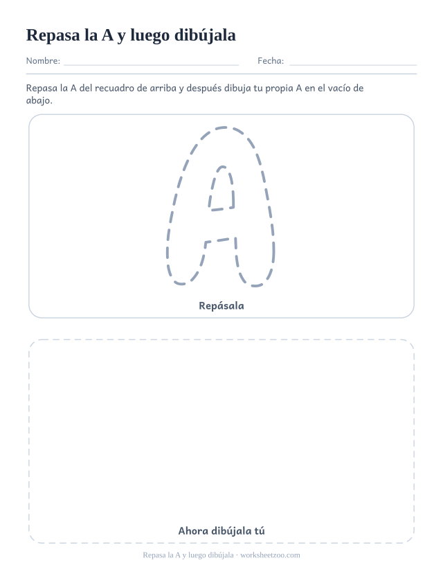 Ficha para repasar y dibujar la letra A burbuja, una A punteada sobre un recuadro vacío