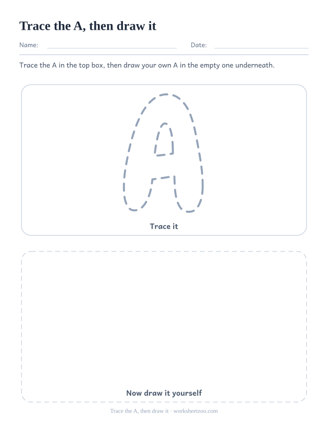 Trace and draw bubble letter A worksheet, a dotted A above an empty box for a freehand one