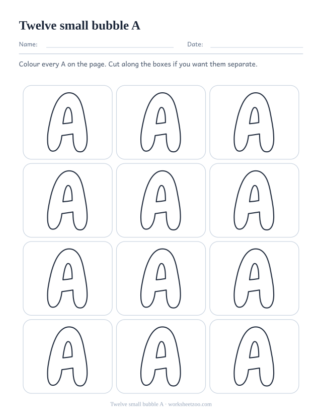 Printable sheet of twelve small bubble letter A outlines in a three by four grid