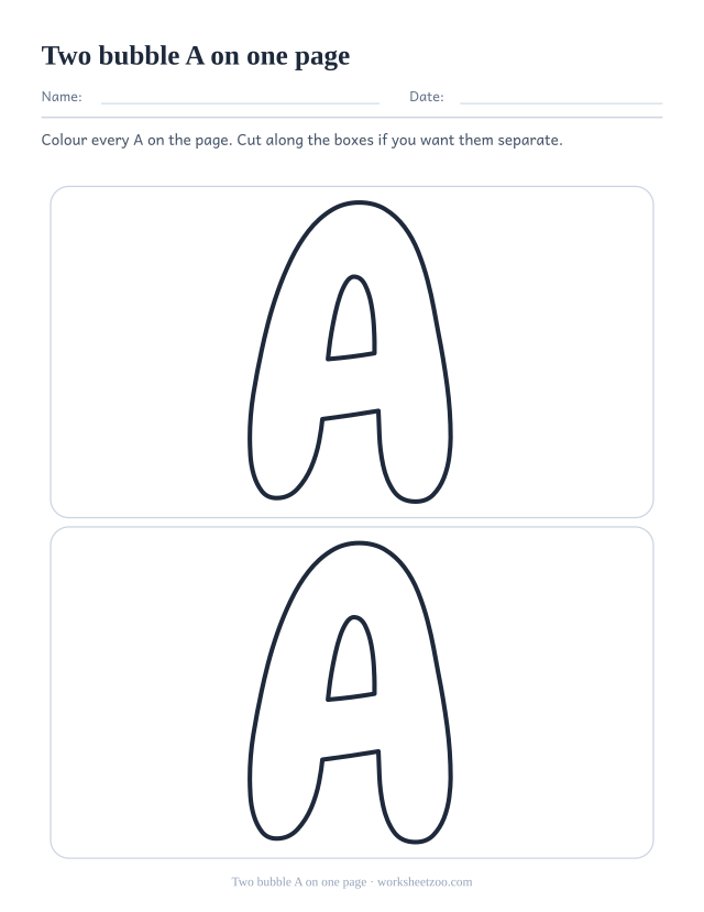 Printable sheet with two large bubble letter A outlines stacked one above the other