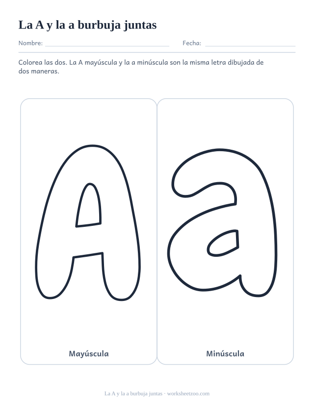 Letras burbuja A y a una al lado de la otra, mayúscula y minúscula en recuadros iguales