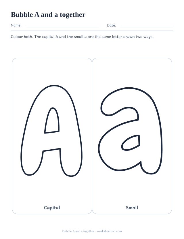 Printable bubble letters A and a side by side, capital and small in matching boxes