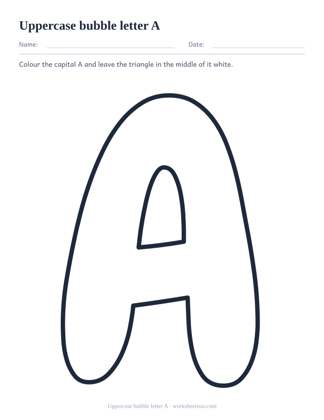 Printable uppercase bubble letter A, one giant rounded outline capital A filling the page