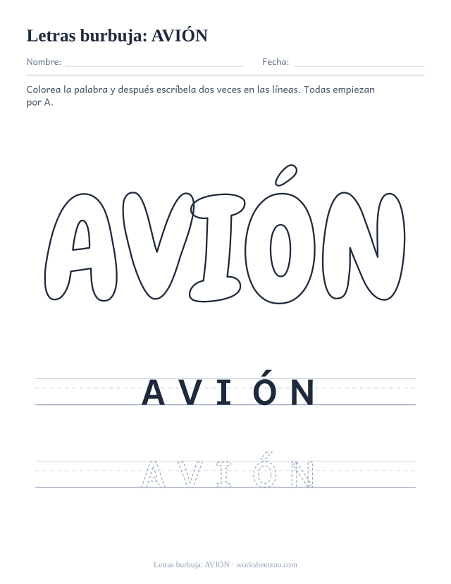 Letras burbuja de la palabra AVIÓN para imprimir, una palabra con A y con tilde para colorear