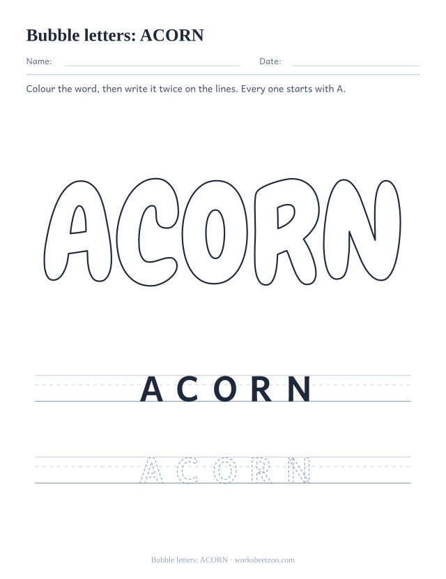 Printable bubble letters spelling ACORN, an A word page to colour and write