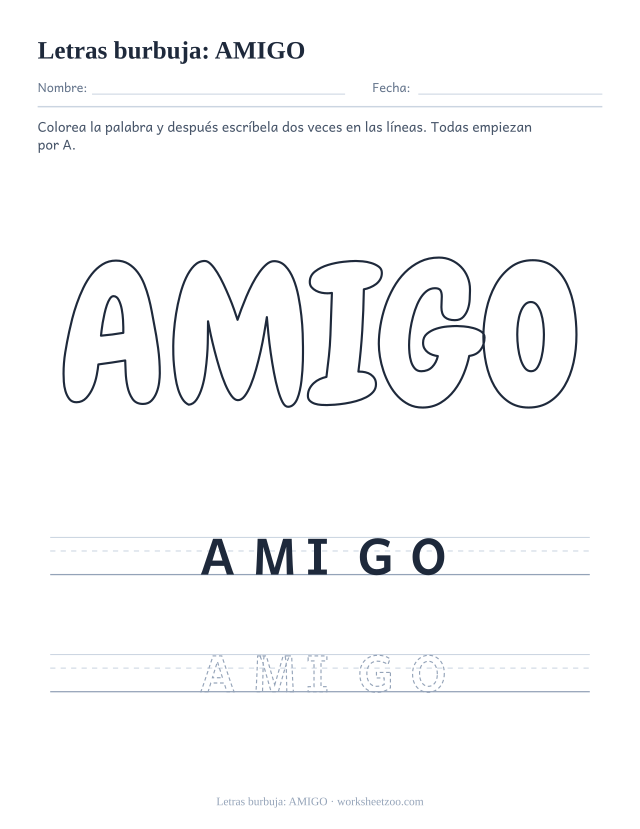 Letras burbuja de la palabra AMIGO para imprimir, una palabra con A para colorear y repasar