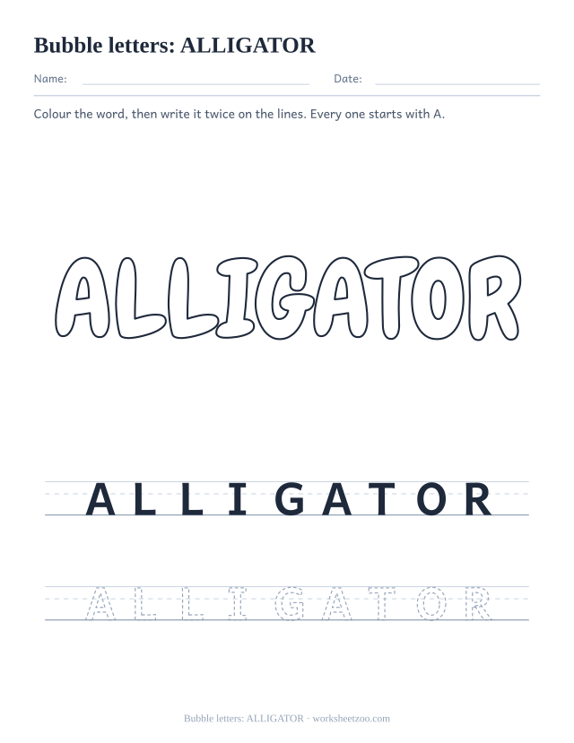 Printable bubble letters spelling ALLIGATOR, a long A word to colour and trace