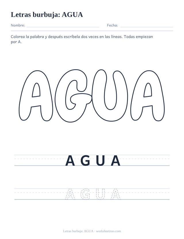 Letras burbuja de la palabra AGUA para imprimir, una palabra corta con A en contorno grande