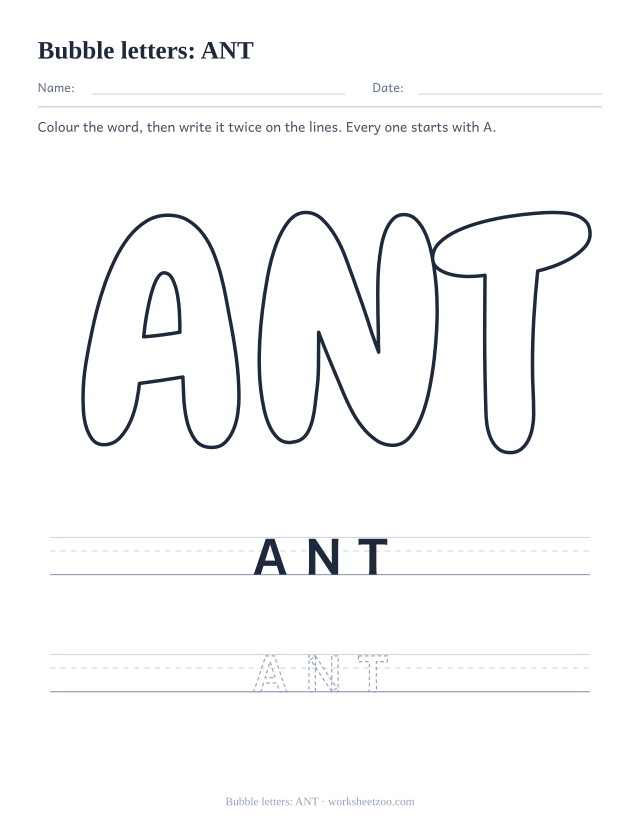 Printable bubble letters spelling ANT, a three letter A word in large rounded outline