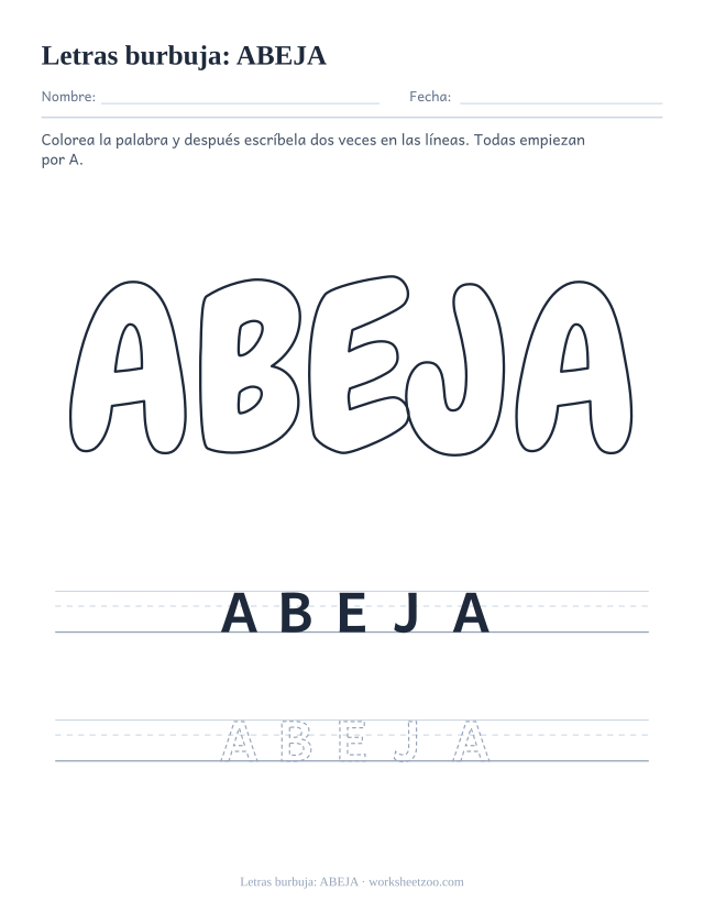 Letras burbuja de la palabra ABEJA para imprimir, una palabra con A para colorear y repasar