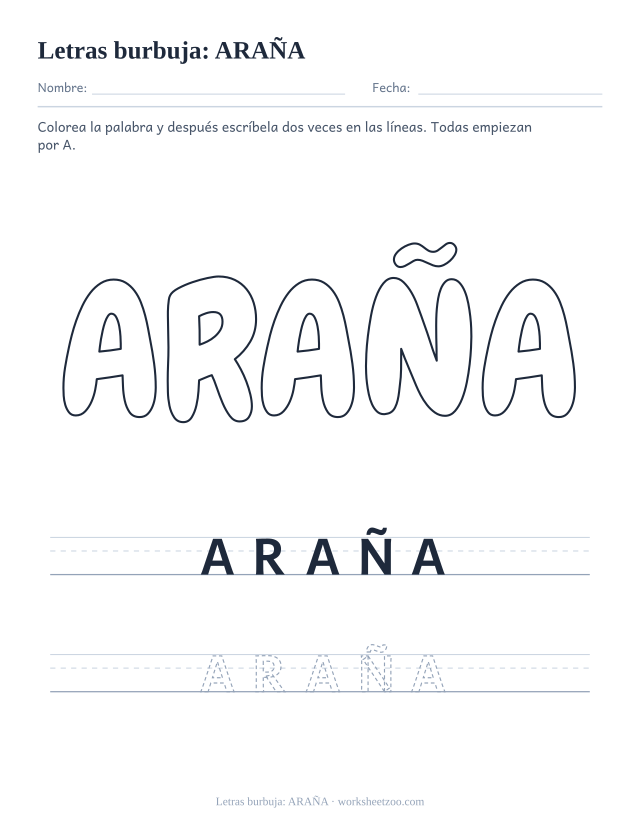 Letras burbuja de la palabra ARAÑA para imprimir, una palabra con A y con Ñ para colorear