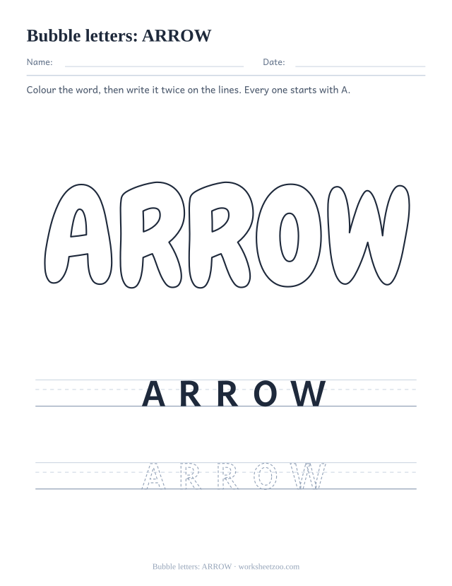 Printable bubble letters spelling ARROW, a five letter A word to colour and trace