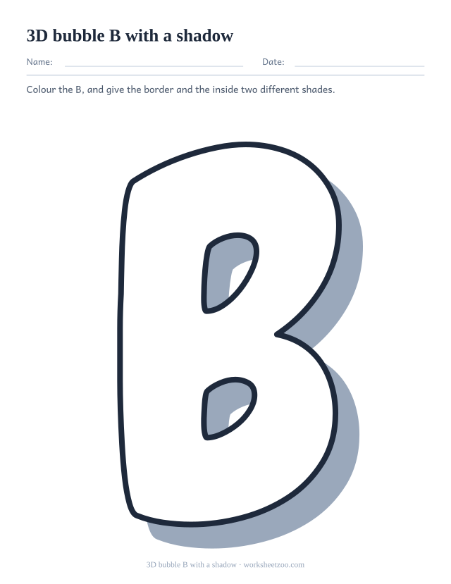 Printable 3D bubble letter B, a white B outline over a solid grey drop shadow