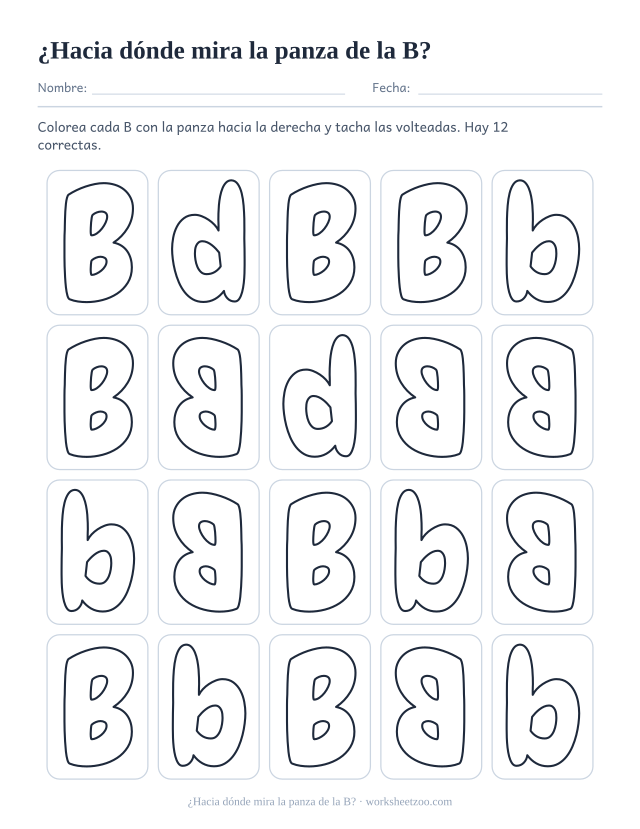 Ficha de la letra B volteada, una cuadrícula de B y b burbuja con copias en espejo para descubrir