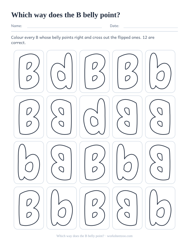 Reversed letter B worksheet, a grid of bubble B and b shapes with mirrored copies to find and cross out