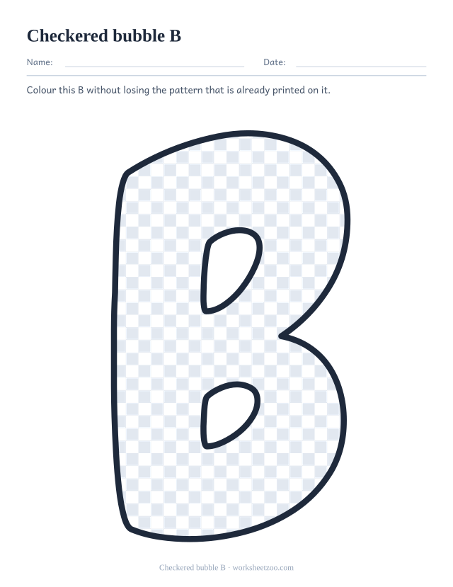 Printable checkered bubble letter B, a B outline filled with a chequerboard of squares