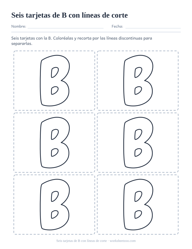 Tarjetas imprimibles de la letra B, seis recuadros de letra burbuja con líneas de corte discontinuas