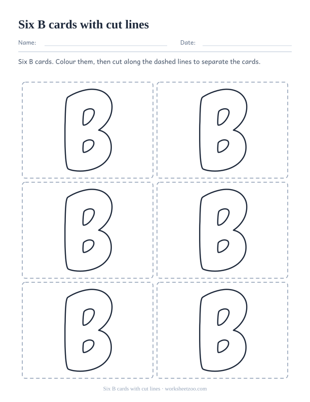 Printable B letter cards, six bubble letter B boxes marked with dashed cutting lines