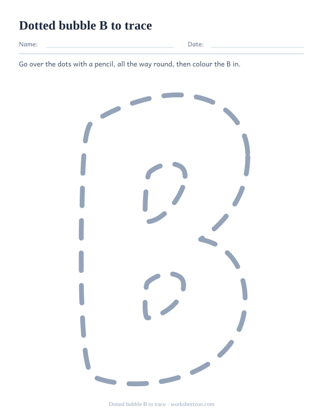 Dotted bubble letter B tracing worksheet, one large dashed B outline to draw over