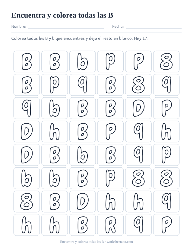 Ficha para encontrar la letra B, una cuadrícula de letras burbuja donde solo se colorean las B