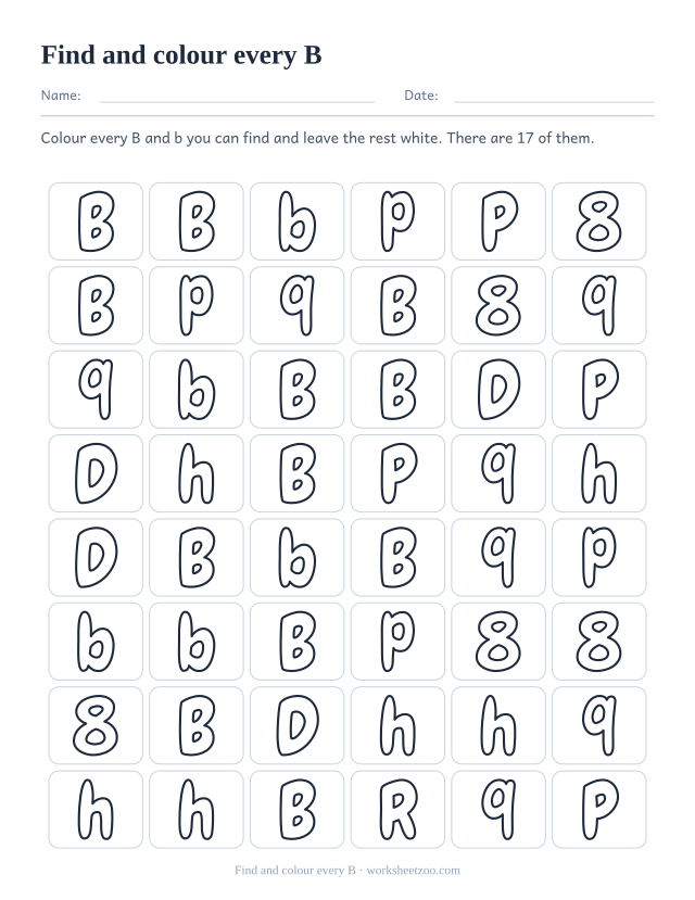 Find the letter B worksheet, a grid of bubble letters where only the B shapes are coloured in