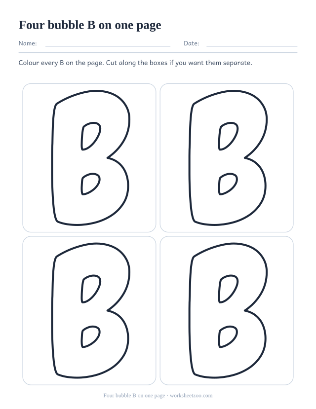 Printable sheet of four bubble letter B outlines in a two by two grid