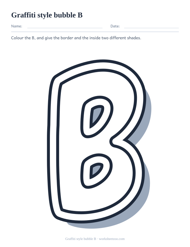 Printable graffiti bubble letter B, a chunky B with a split black border and a hard shadow