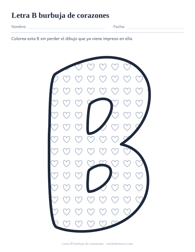 Letra B burbuja de corazones para imprimir, un contorno relleno de corazones pequeños