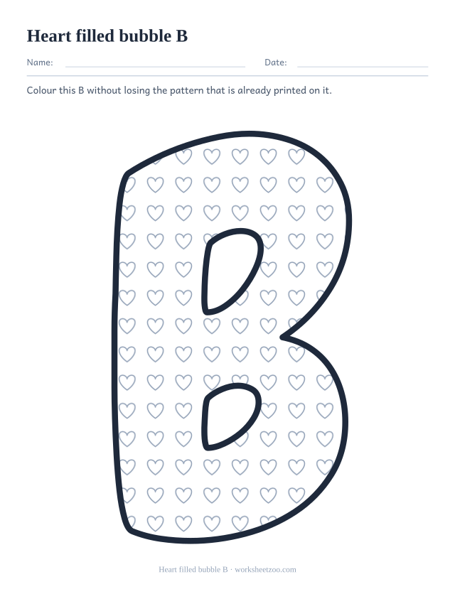 Printable heart pattern bubble letter B, a B outline filled with small hearts to colour