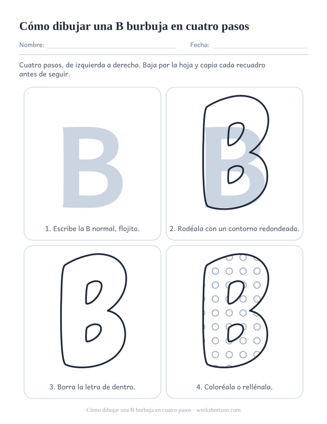 Cómo dibujar la letra B burbuja paso a paso, cuatro recuadros de la B normal a la B rellena