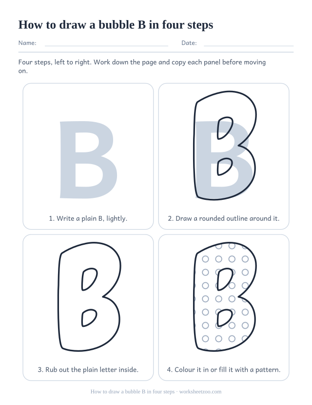 How to draw bubble letter B step by step, four panels from a plain B to a filled bubble B