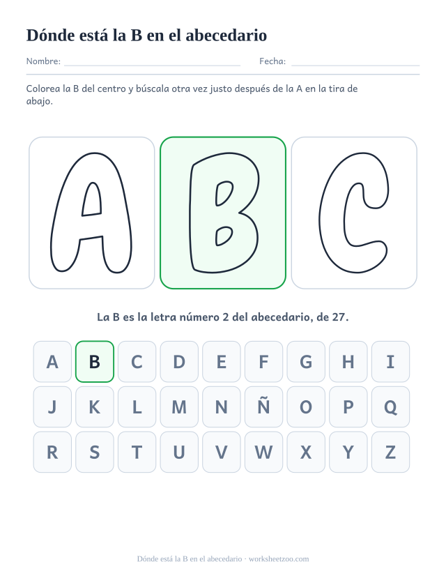 Lámina del lugar de la letra B, la B burbuja entre sus vecinas sobre una tira del abecedario marcada
