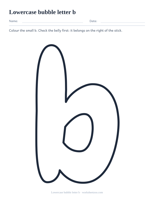 Printable lowercase bubble letter b, a big rounded outline small b to colour
