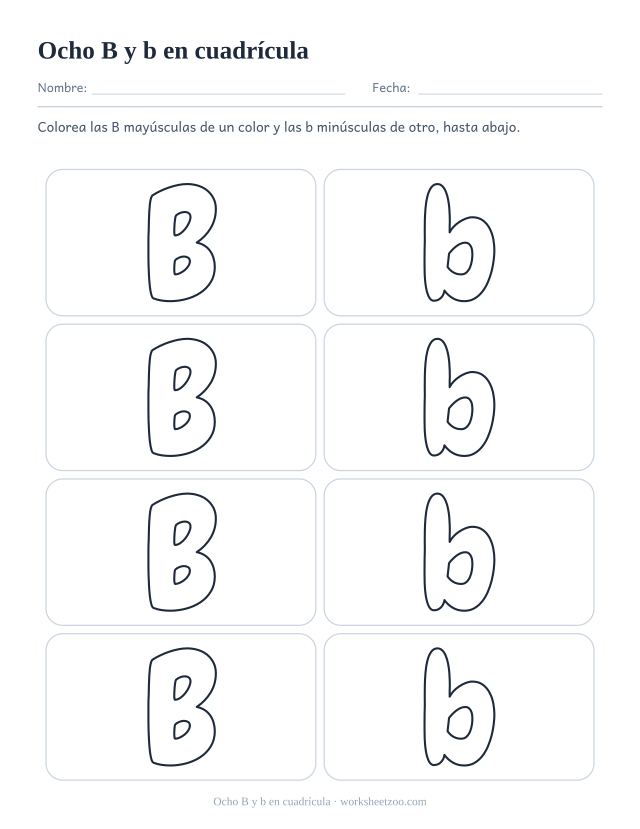 Cuadrícula imprimible de ocho letras burbuja que alternan la B mayúscula y la b minúscula